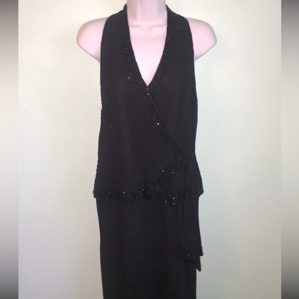 👑 J Kara Formal Black Beaded Maxi dress Size 10